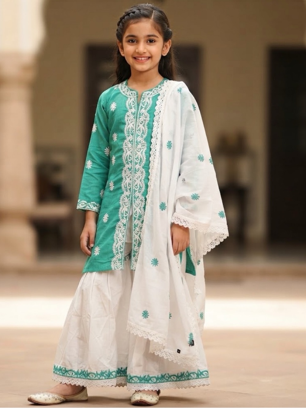 NWT Girls Indian 3-Piece Salwar Kameez Sharara Suit Green & White Ethnic Wear